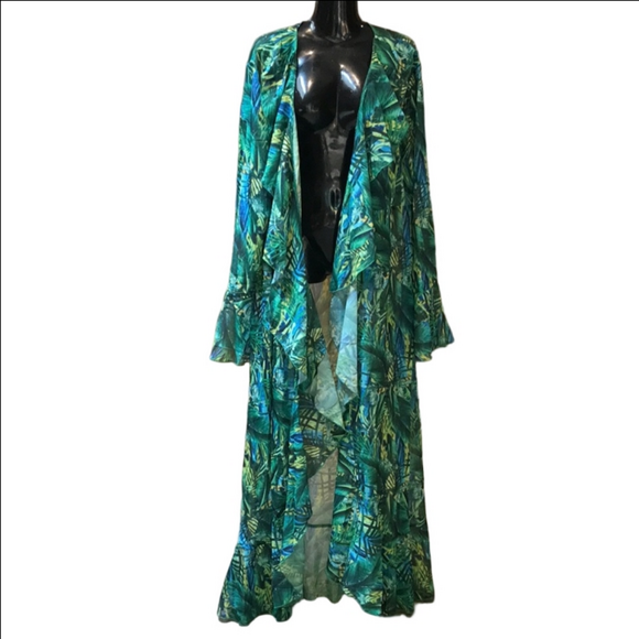 New Green Long Kimono Tropical Leaf Print XL By Pretty Little Thing - Picture 3 of 13